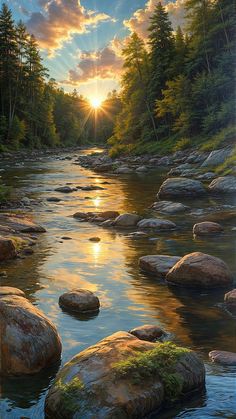 a painting of the sun setting over a river with rocks and trees in the foreground