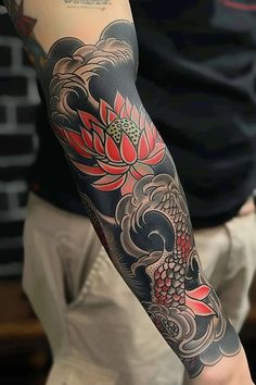 The Forbidden Art of Yakuza Geisha Tattoos Yakuza Arm Tattoo, Coy Tattoo, Lotus Tattoo Men, Tattoo Yakuza, Bird Of Prey Tattoo, Traditional Japanese Tattoo Sleeve, Geisha Tattoos, Tattooed Man