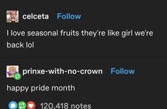 two tweets with the same caption on them, one says i love seasonal fruits they like girl're back lol