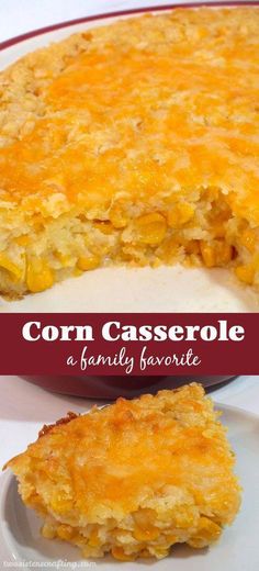 corn casserole on a white plate with a red border around the edges and bottom