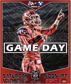 a poster for the game day with a football player holding his hand up in celebration