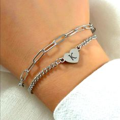 Layers Heart And Letter “K” Bracelet Silver Nwt Casual Heart Charm Bracelet For Everyday Wear, Casual Everyday Heart Bracelet For Valentine's Day, K Bracelet, Tanzanite Bracelet, Heart Anklet, Coil Bracelet, Rhinestone Crown, Stainless Steel Bangles, Bangles Style