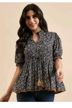 Blue Tops For Women, Fitted Peplum Top, Cotton Tops Designs, Fashion Top Outfits, Look Short, Western Wear For Women, Floral Print Tops, Kurti Designs