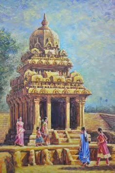 an oil painting on canvas of people in front of a temple with steps leading up to it