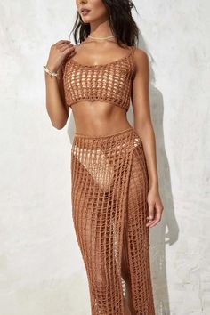 Hollow-out Handwoven Two-piece Swimsuit Women Knitted Mesh Sexy Bra Long  Skirt Bikini Set 2023 New Crop Sweater Vest, Knit Swimwear, Crop Top Designs, Mode Crochet, Knitted Suit, Dress Knit, Wrap Maxi Skirt, Flowing Skirt, Crop Sweater