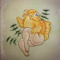 a drawing of a goldfish with blue eyes on it's belly and tail