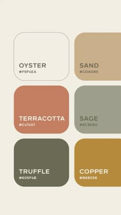 Color Pallets For Interior Design, Terracotta Sage Color Palette, Terracotta Palette Colour Schemes, Colour Palette Terracotta, Color Palette Cool Tones, Safe Green Color Palette, Colors That Match Brown, Insta Color Palette, Granola Color Palette