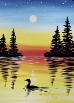 an acrylic painting of a duck swimming in the water at night with trees