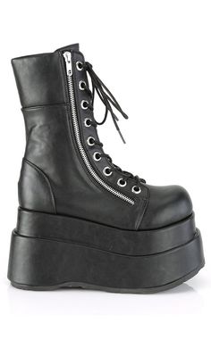 These mid-calf platform boots feature a chunky platform sole and inner and outer zip closure. Lace-Up Front Vegan Tiered platform Heel/Platform 4 1/2 inch U.S women's sizing-check the size chart for more info Thick Sole Boots, Hologram Shoes, Emo Boots, Demonia Boots, Alternative Shoes, Goth Boots, Demonia Shoes, Platform Heels Boots, Punk Boots