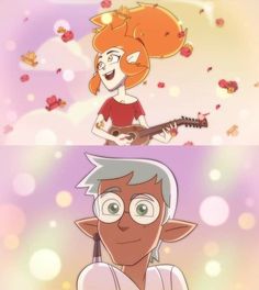 two cartoon characters, one with an orange hair and the other with glasses playing guitar