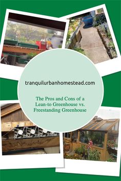 the back and side of a green house with pictures of greenhouses