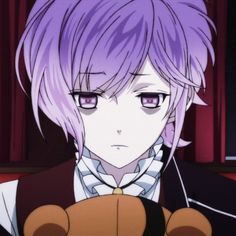 an anime character with purple hair holding a teddy bear in front of a red curtain