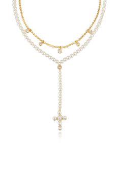 Pearl Cross Drop Lariat Necklace Set Adjustable Gold Drop Necklace With Pearl, Gold Pearl Drop Necklace Adjustable, Adjustable Gold Lariat Necklace With Pearl Charm, Gold Adjustable Pearl Drop Backdrop Necklace, Adjustable Gold Backdrop Necklace With Pearl Drop, Gold Adjustable Backdrop Necklace With Pearl Drop, Pearl Cross Necklace, Holiday Tops, Fashion Business