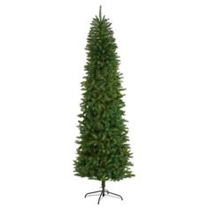 a tall artificial christmas tree on a stand