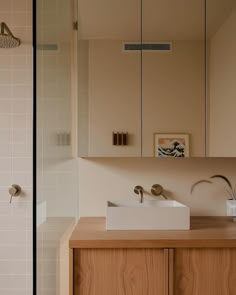 a bathroom with a sink, mirror and shower