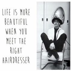 a woman sitting in a chair with a helmet on her head and the words life is more beautiful when you meet the right hairdreer