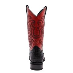 Show off an authentic, exotic look with this caiman crocodile cowhide print leather boot. The black vamp and striking red shaft with a Western stitch provide a traditional look that works perfectly in the arena, business meetings or social settings. Truly a boot for any occasion and everyday use with a million-dollar look and leather boot pricing. Caiman Crocodile, Cowhide Print, The Arena, Business Meeting, Leather Boot, Printed Leather, Western Boots, Black Heels, Leather Boots