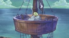 an anime character sitting in a wooden boat