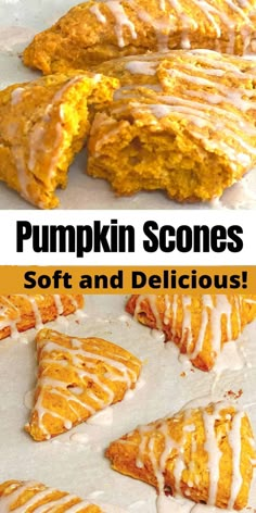 pumpkin scones with white icing and orange glaze