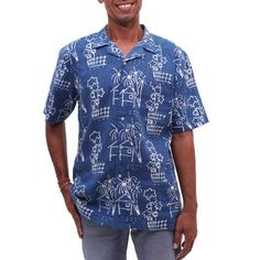 Decorating this men's linen and cotton blend shirt petite dot motifs in white contrast with a Prussian blue body. Javanese artisan Rudi Wijoyo creates this casual shirt which is decorated using the traditional batik method; a wax resist is printed onto the fabric before it is submerged in dye. This shirt features short sleeves a collared neckline and a button-up front. Blue Linen Camp Shirt For Vacation, Indigo Plant, Batik Art, Wax Resist, Prussian Blue, Mens Linen, Married Men, My Wife Is, Contemporary Fashion