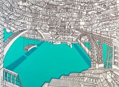 a drawing of a city with lots of buildings and water in the middle is shown