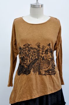 13_shnglals-lcj-acrn Bohemian Brown Top With Graphic Print, Brown Long Sleeve Top With Floral Embroidery, Brown Cotton Top With Floral Embroidery, Brown Floral Embroidered Long Sleeve Top, Embroidered Brown Tops For Fall, Nature-inspired Graphic Print Crew Neck Top, Krista Larson, Bird Embroidery, Black Embroidery