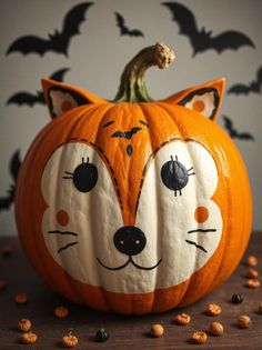 a pumpkin decorated with an image of a fox's head and eyes on it