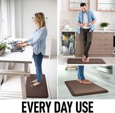 there is a woman standing on a mat in the middle of a kitchen and an image of a man using a phone