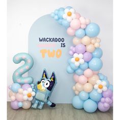 the balloon arch is decorated with blue, pink and white balloons that read wackoo is two