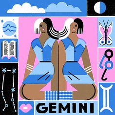 two women sitting next to each other on top of a blue and pink background with symbols