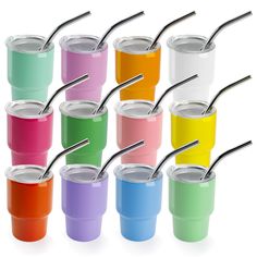 six different colored tumblers with straws in them