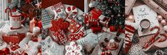 christmas decorations and ornaments are displayed on the wall