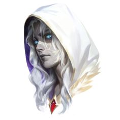 a drawing of a woman with long white hair and blue eyes wearing a hooded cloak