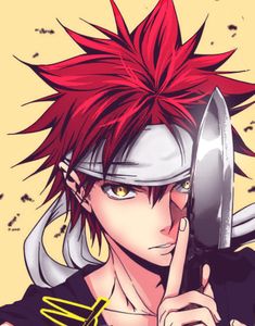 an anime character with red hair holding a knife