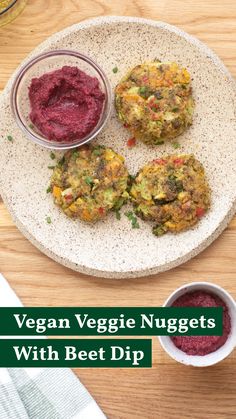 vegan veggie nuggets with beet dip on a white plate