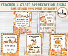 teacher and staff appreciation signs with pumpkins, donuts and pies on them