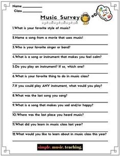 music survey worksheet for students to help them learn how to play the game