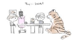 a drawing of a tiger sitting at a table talking to two people