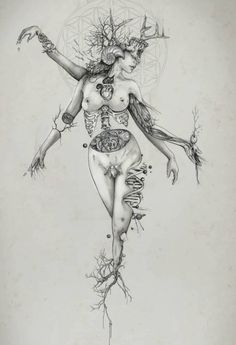 a drawing of a woman with many branches on her body