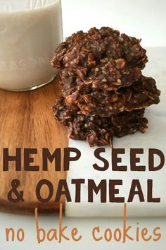 no bake cookies are stacked on top of each other with the words hemp seed and oatmeal next to it