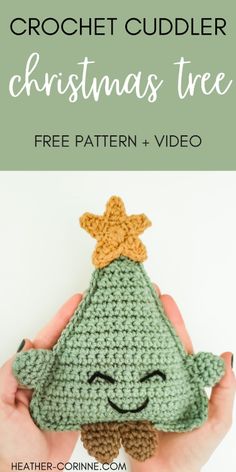 crochet christmas tree with text overlay that reads, free pattern and video