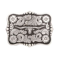 Style number: 37586 Rectangle belt buckle Silver and black tones Longhorn head in center Floral scrolling background Measures: 3" x 4" Black Tones, Same Style, Gucci Dionysus, Online Retail, Belt Buckle, Belt Buckles, Shoe Accessories, Handmade Items, Mens Accessories