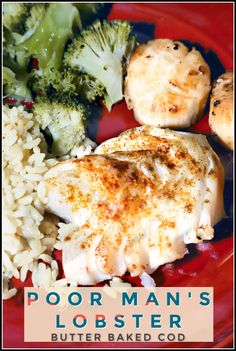 a red plate topped with chicken, broccoli and rice