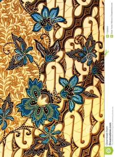 an intricately designed wallpaper with blue flowers and leaves on gold foiled paper