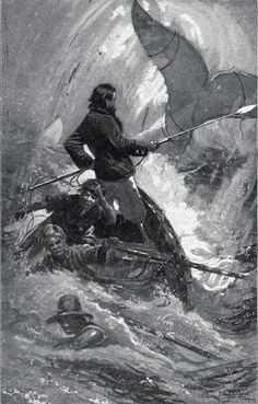 an illustration of a man in a boat on the water with another man standing next to him