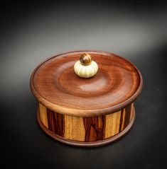 a small wooden box with a snail on it's lid and a black background