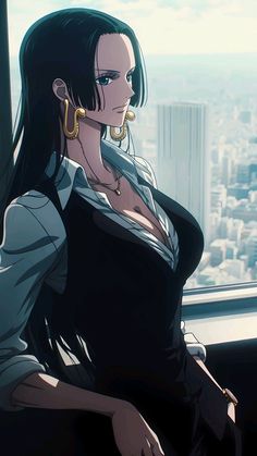 a woman sitting on top of a window sill in front of a cityscape