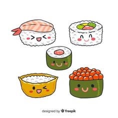 three sushis with faces drawn on them