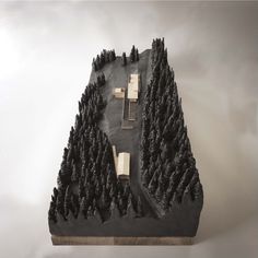 a model of a forest with trees and buildings on it's sides, in front of a white background