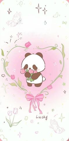 a panda bear holding a pink rose in its mouth with the words lucky on it